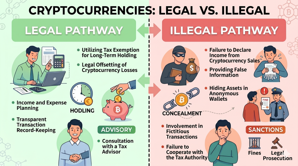 An infographic titled "CRYPTOCURRENCIES: LEGAL VS. ILLEGAL" that uses a split green and red design with illustrations to contrast legitimate practices like tax planning, hodling, and consulting an advisor against non-compliant actions like hiding assets, providing false data, and facing subsequent sanctions like fines or prosecution.
