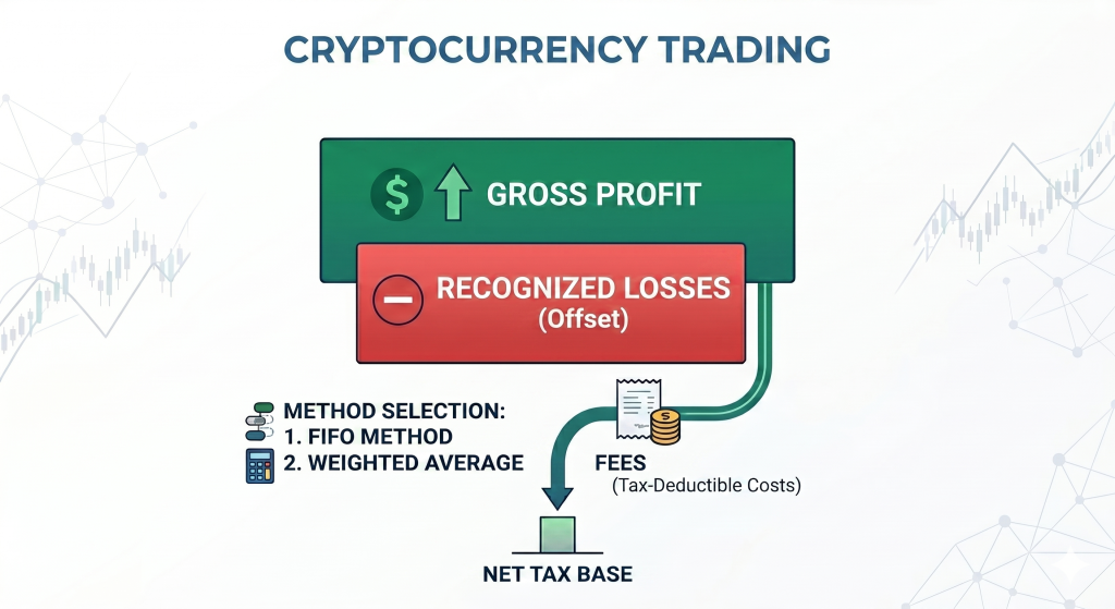This infographic titled "CRYPTOCURRENCY TRADING" maps out the calculation of a net tax base by starting with gross profit, subtracting recognized losses and fees (tax-deductible costs), and outlining method selections such as the FIFO method and weighted average.