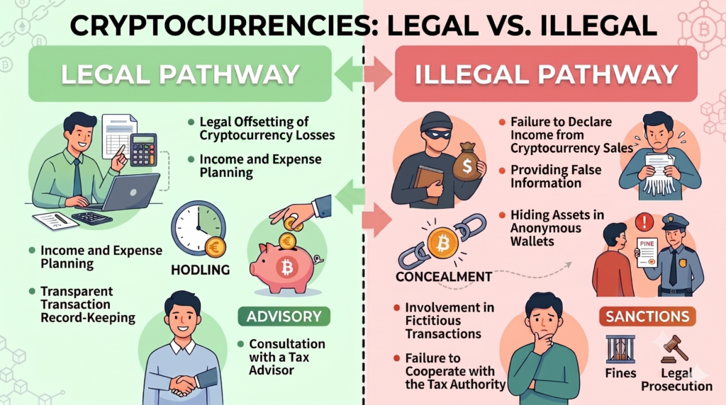 An infographic titled "CRYPTOCURRENCIES: LEGAL VS. ILLEGAL" that uses a split green and red design with illustrations to contrast legitimate practices like tax planning, hodling, and consulting an advisor against non-compliant actions like hiding assets, providing false data, and facing subsequent sanctions like fines or prosecution.